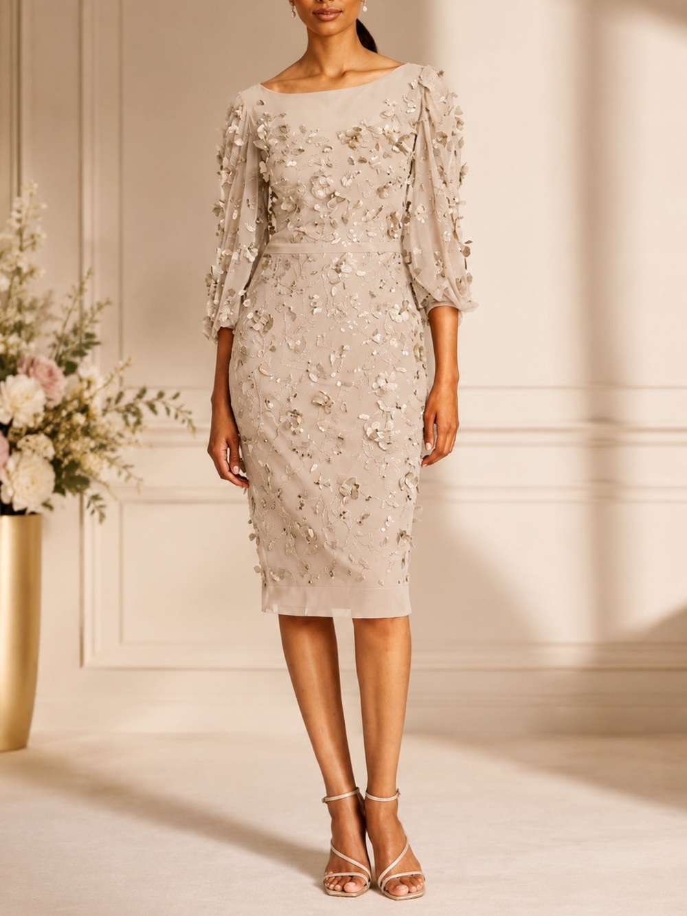 $895 Theia Women's Beige Jessa Bateau-neck Floral Applique Midi Dress Size 4